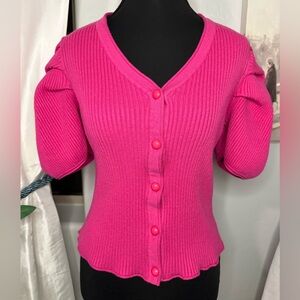 Flora Bea NYC Pink Ribbed Puff Sleeve Cardigan Top Size XL (Fits S/M)